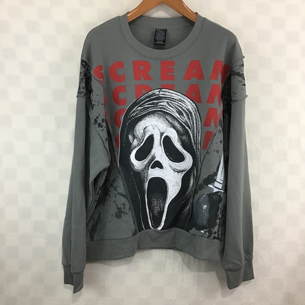 Ghostface Scream Mens XL Grey Graphic Crewneck Fleece Sweatshirt Horror Movie